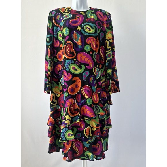Louis Feraud Dresses & Skirts - Black Bright Paisley VTG Louis Feraud Silk Drop Waist Ruffle Dress, Sz: 12 (b24)